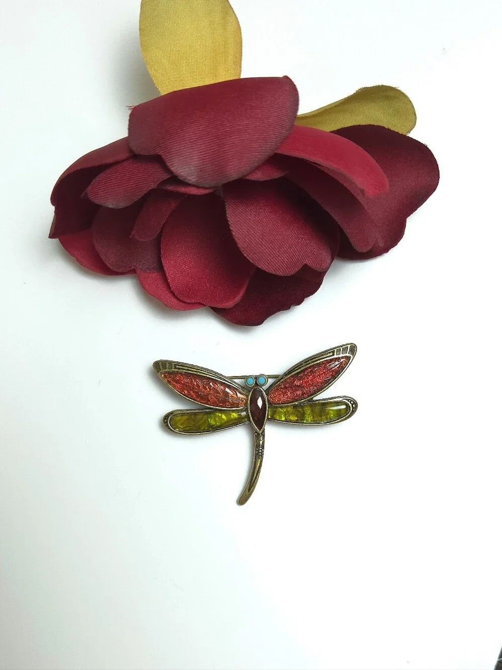 Vintage Liz Claiborne Red Lucite & Abalone Dragon Fly Brooch Antiqued Gold